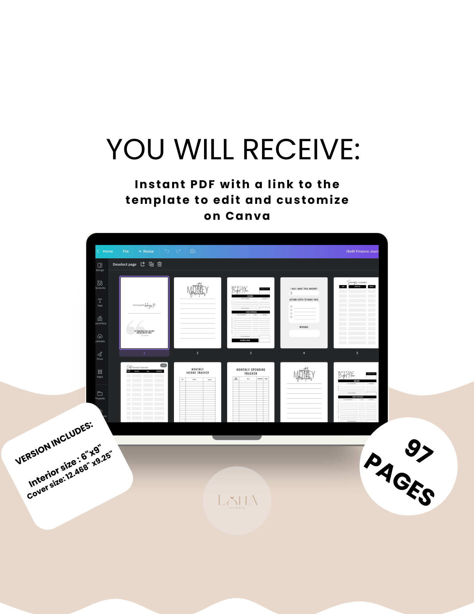 You'll receive an instant PDF of the Canva template that includes 97 editable pages